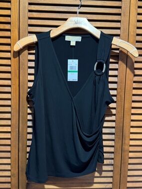 Michael Kors Black Draped V-Neck Sleeveless Top with Shoulder Ring